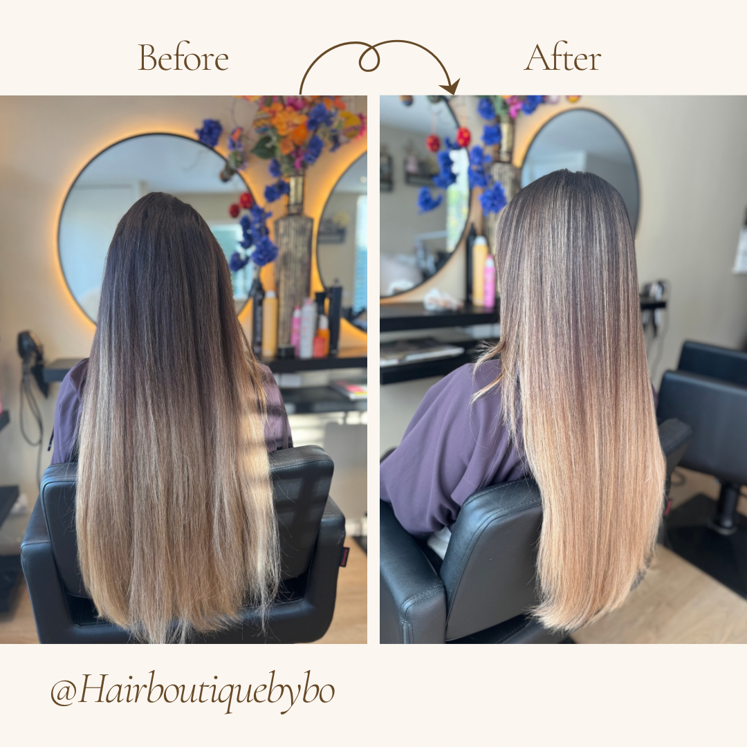Voor en na foto van een balayage kleurbehandeling, van egaal blond naar dimensievol blond