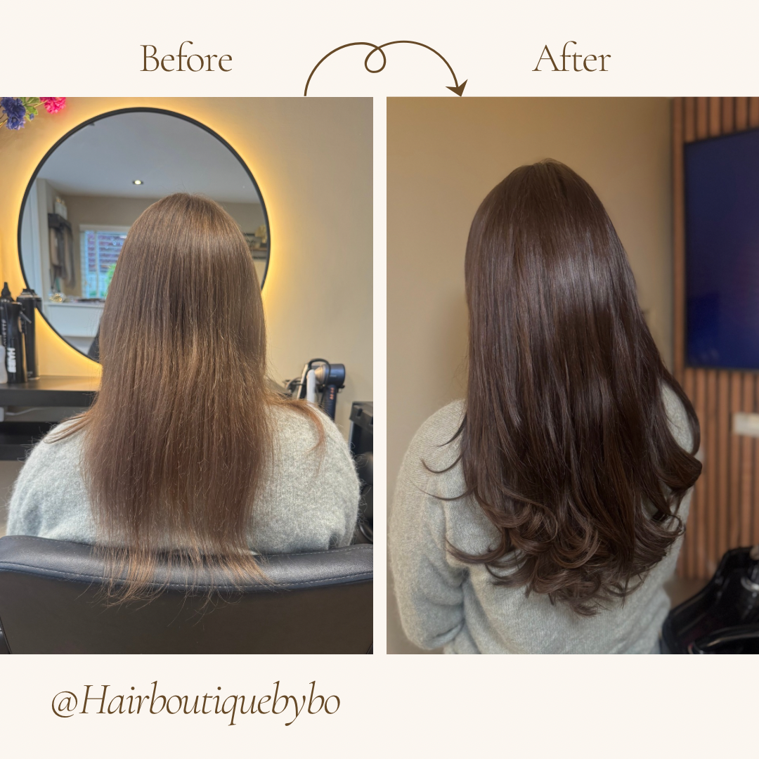 Voor en na foto van weft-extensions: van dun en kort naar vol en golvend haar